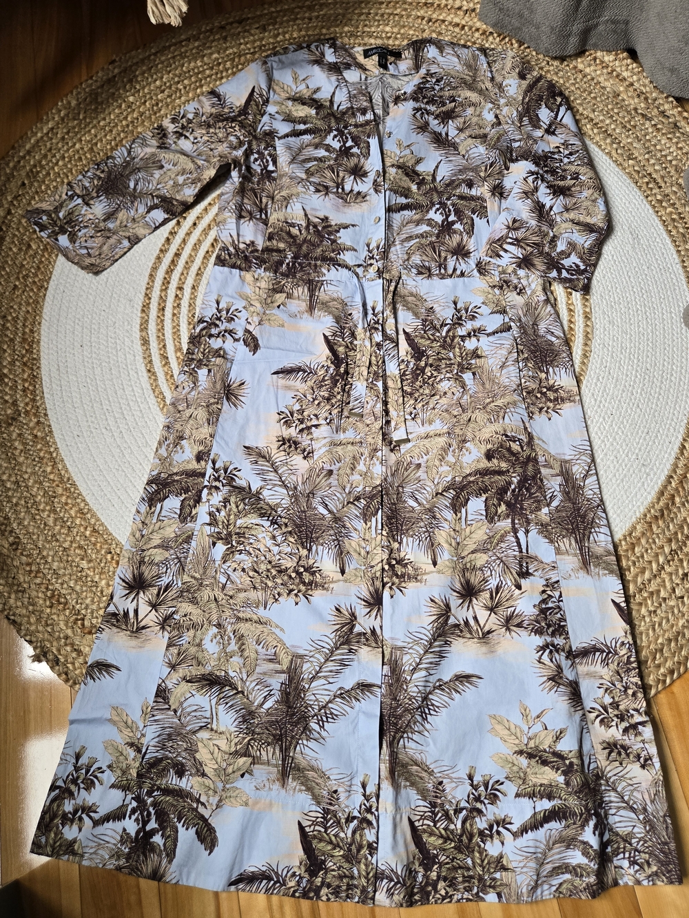 Marc Cain Designer Palm-Print Button Front Dress in Sky Blue and Brown